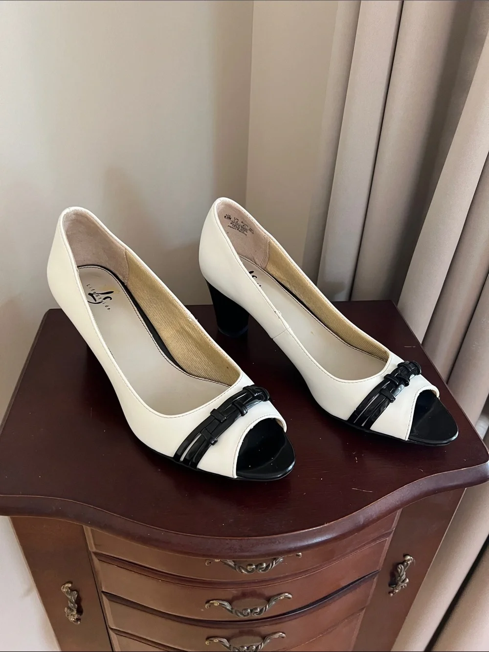 Life Stride White and Black Peep-Toe Heels with Strap Detail - 9.5